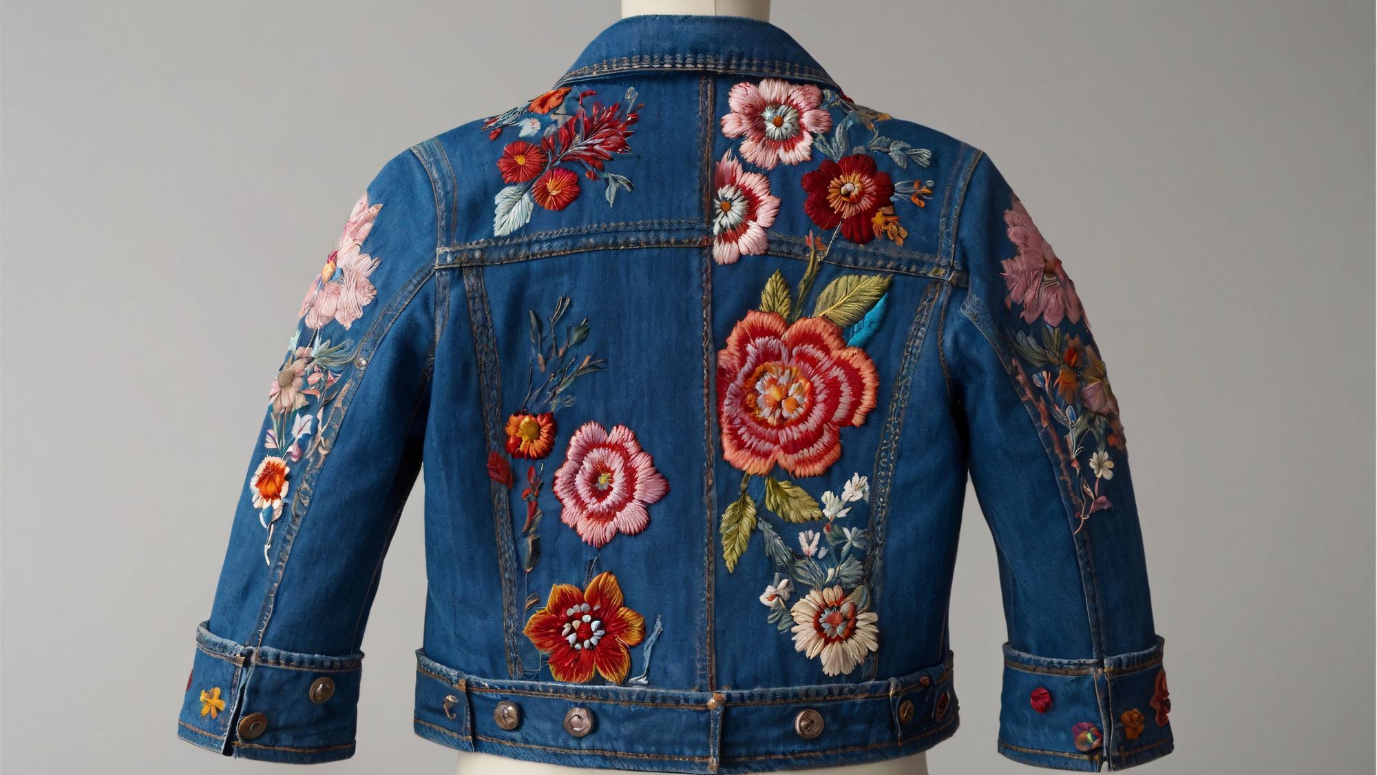 Embroidered denim jacket detail with floral motif